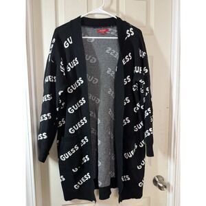 GUESS Logo Print Open Cardigan Sweater Womens XL Black White Long Knit Pockets